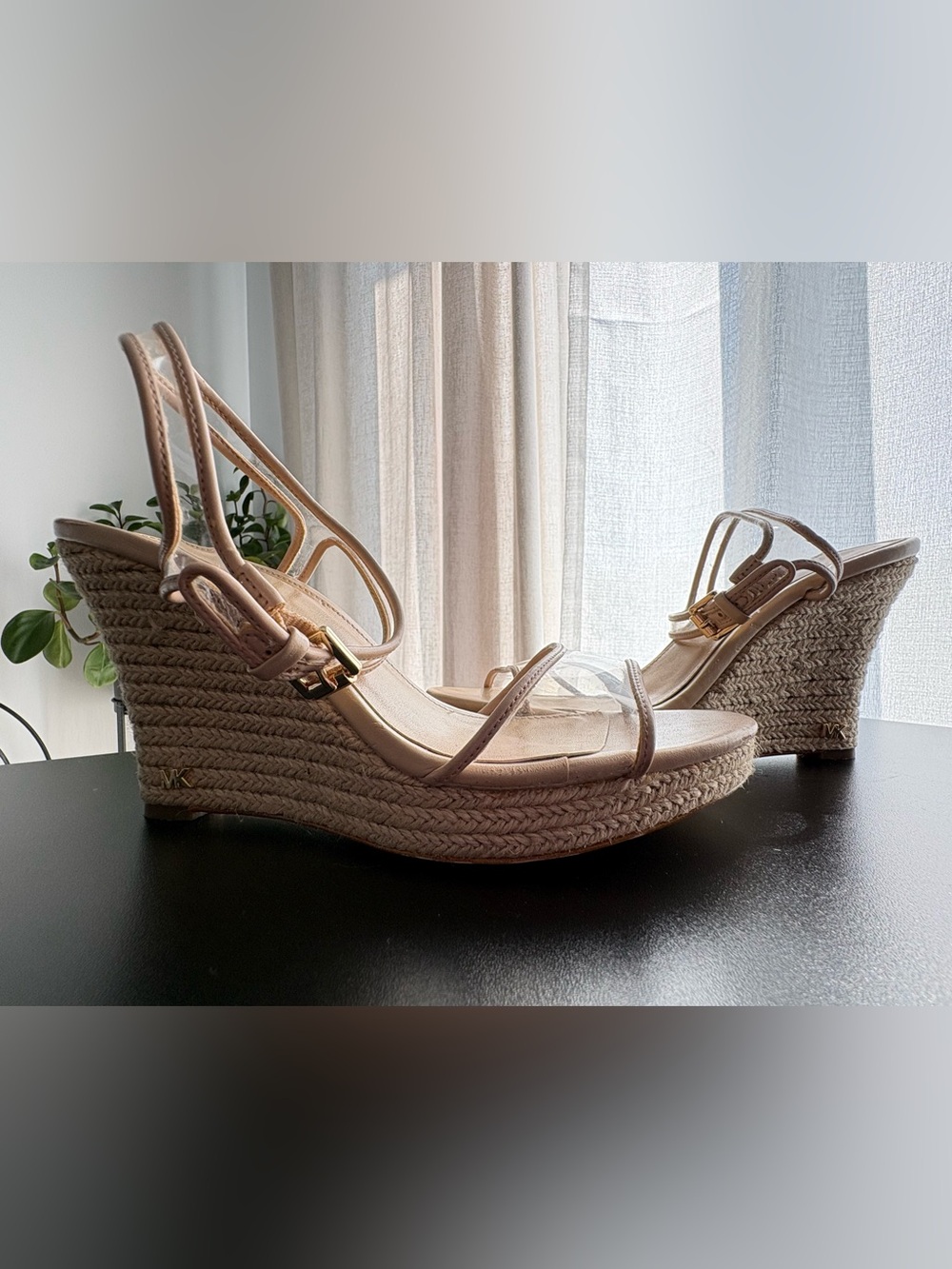 Michael Kors Beige Espadrille Wedge Sandals with Clear Strap